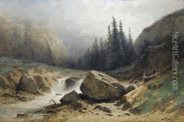 Reissender Gebirgsbach Mit Bauerin Oil Painting - Gustave Eugene Castan