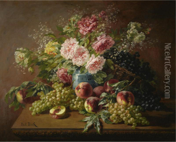 Still Life With Flowers, Peaches And Grapes Oil Painting - Paul Biva