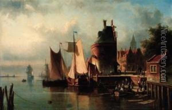 Unloading Ships At A Dutch Port Oil Painting - Johannes Frederik Hulk, Snr.