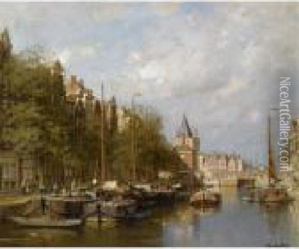 A View Of The Gelderse Kade With The Schreierstoren, Amsterdam Oil Painting - Johannes Christiaan Karel Klinkenberg