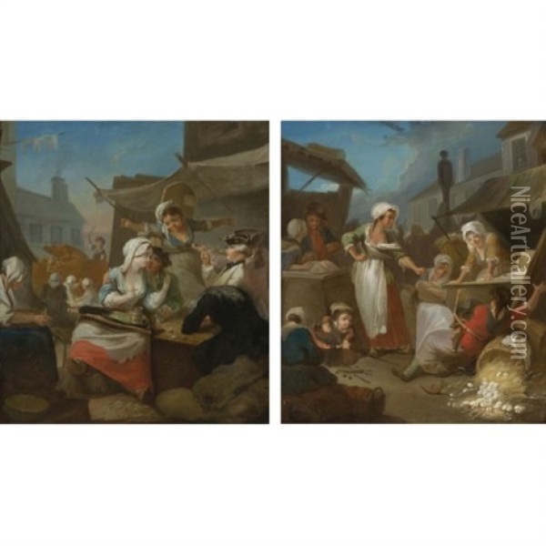 Country Market Scene With Peasants Drinking Beside A Tavern (+ Country Market Scene With Women Fighting Over An Overturned Basket Of Eggs; Pair) Oil Painting - Jean-Baptiste Charpentier the Elder