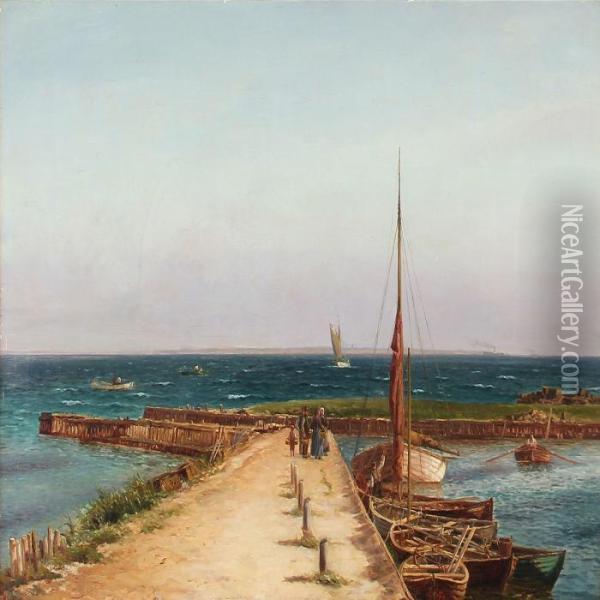Summer Day At Hornbaek Harbour, Denmark Oil Painting - Holger Peter Svane Lubbers