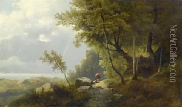 A Wooded Landscape With Woman Walker. Oil Painting - Josef Thoma