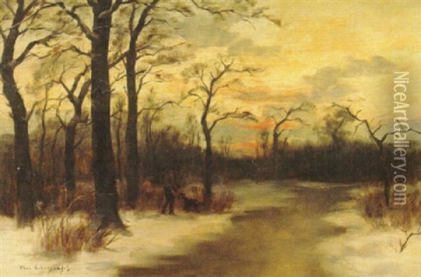 Hunting By A Stream In Winter Oil Painting - Charles Schreyvogel