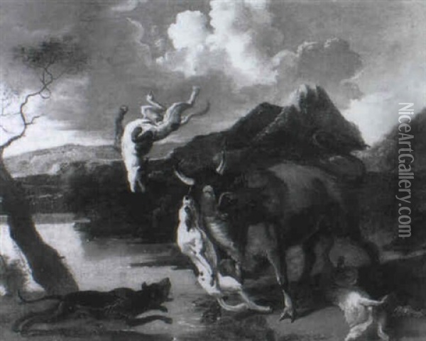 Hounds Attacking A Bull Oil Painting - Abraham Danielsz Hondius