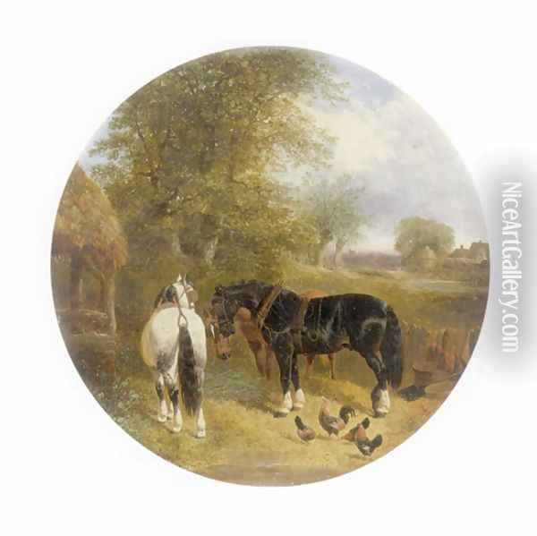 Farm Animals, Plough Horses and Chickens Oil Painting - John Frederick Herring Snr