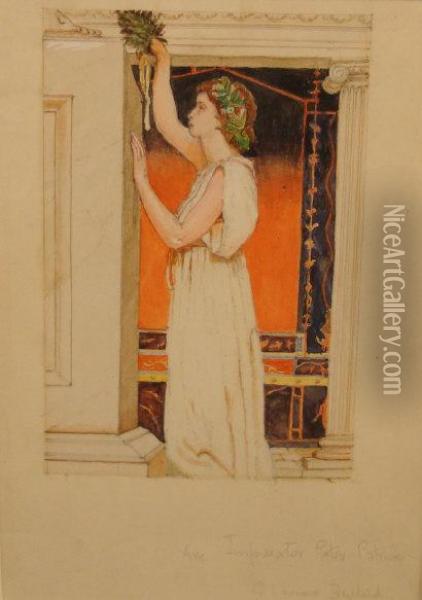 Classical Study, At The Temple Gate. Oil Painting - George Lawrence Bulleid