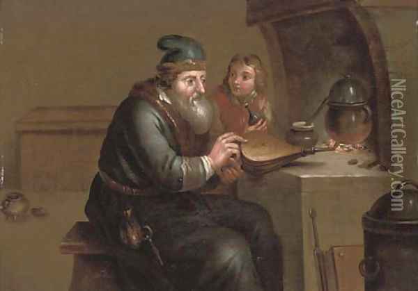 An alchimist with his apprentice by a fire Oil Painting - Jacob Toorenvliet