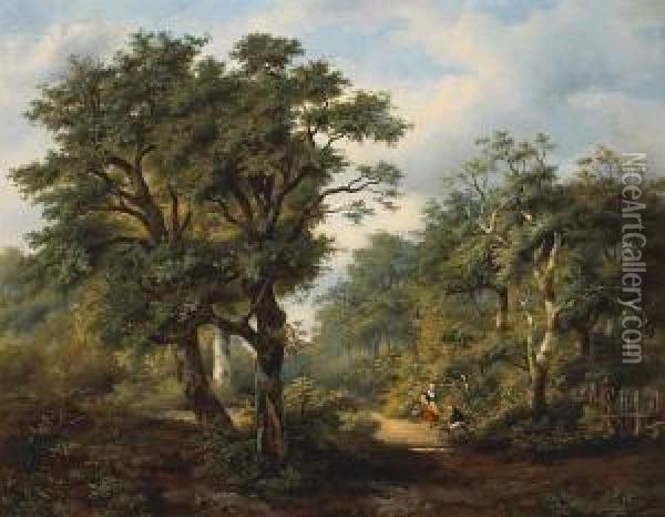 A Wooded Landscape With Figures On A Path Oil Painting - D. Portielje