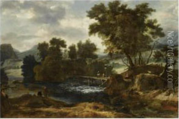 A River Landscape With 
Travellers Crossing A Wooden Bridge And Two Fishermen On The Nearside 
Riverbank Oil Painting - Roelandt Roghman