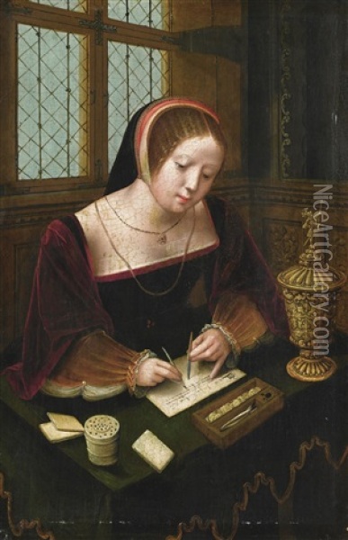 A Lady Writing At A Desk Oil Painting -  Master of the Female Half Lengths