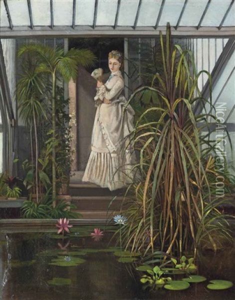 A Lady Admiring A Lily Pond Oil Painting - Louis Simon Cabaillot Lassalle
