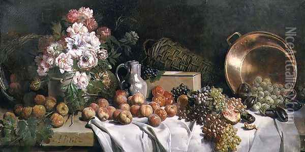 Still life with flowers and fruit on a table Oil Painting - Alfred Petit