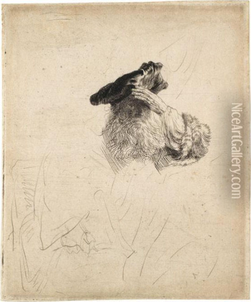Greis, Die Linke Hand Zum Barett Fuhrend Oil Painting - Rembrandt Van Rijn