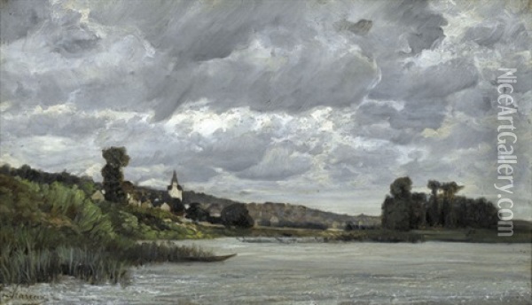 Flussuferpartie Mit Dorf Unter Gewitterwolken Oil Painting - Ernest Victor Hareux