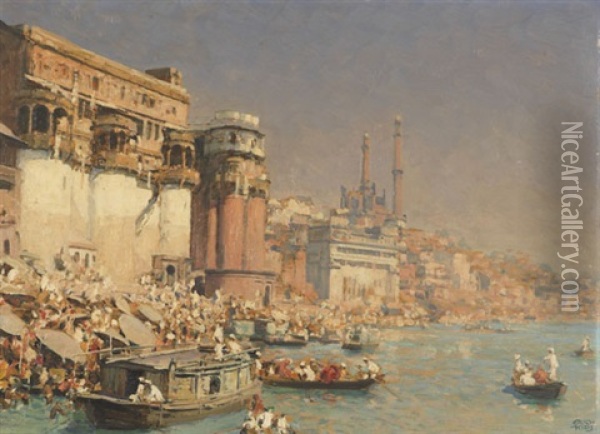 Munshi Ghat In Varanasi (ehem. Benares) Am Ganges, Indien Oil Painting - Erich Kips