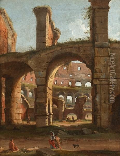 Figures Before The Colosseum, Rome Oil Painting - (circle of) Wittel, Gaspar van (Vanvitelli)