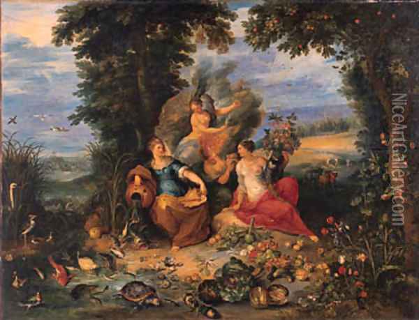 The Four Elements in a wooded coastal landscape Oil Painting - Jan Brueghel the Younger