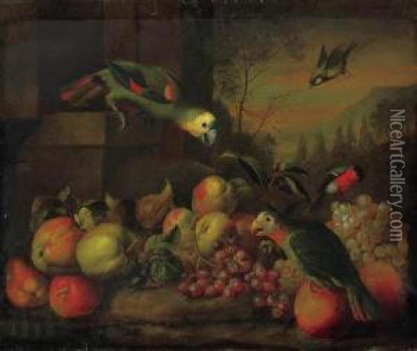 Parrots, A Bullfinch, Apples, Grapes And Oranges And A Greenfinchin A Landscape Oil Painting - Jakob Bogdani Eperjes C