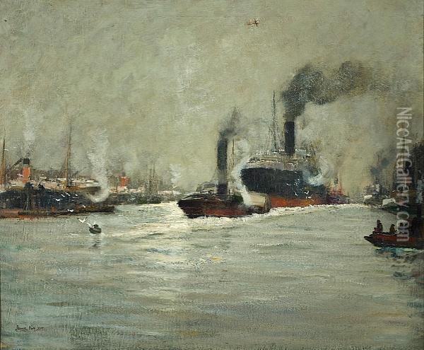 A Busy Harbor Scene With An Ocean Liner And Tugboat Oil Painting - James Kay