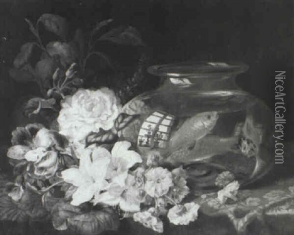 Still Life With Goldfish And Flowers On Draped Table Oil Painting - Jean-Baptiste Robie