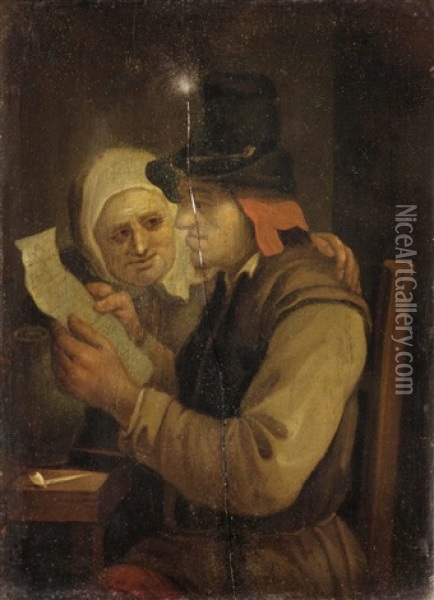 Lesender Bauer Mit Seiner Frau In Stube Oil Painting - Egbert van Heemskerck the Elder