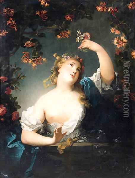 Flora, standing half length on a balcony Oil Painting - Nicolas de Largilliere