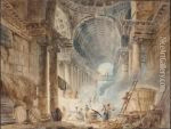 Personnage Autour D'une Marmite Dans Une Colonnade Antique Oil Painting - Hubert Robert