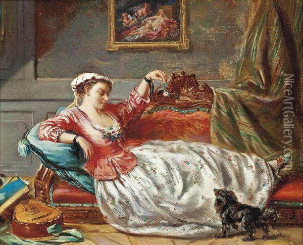 A Lady In Her Boudoir With A Dog Oil Painting - Etienne Jeaurat
