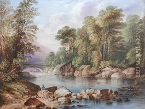 A Pair Of Landscape Plaques Painted By Richard Ablott (1815-1895) , One With Sailing Boats In A Lakeland Scene Oil Painting - Richard Ablott