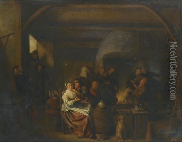 The Interior Of A Tavern With Peasants Cavorting And Drinking Oil Painting - Jan Miense Molenaer