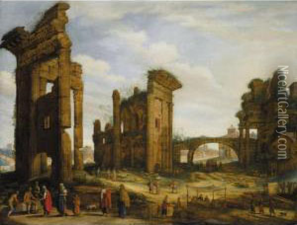 A Capriccio View Of The Forum Romanum With Drovers And Figures Selling Their Wares Oil Painting - Willem van, the Younger Nieulandt
