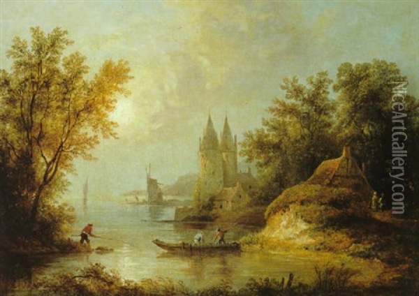Abendliche Flusslandschaft Mit Einem Fischerboot Oil Painting - Andreas Achenbach