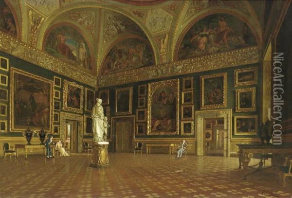 Elegant Company In The Illiad Room, The Pitti Palace,florence Oil Painting - F Maestosi