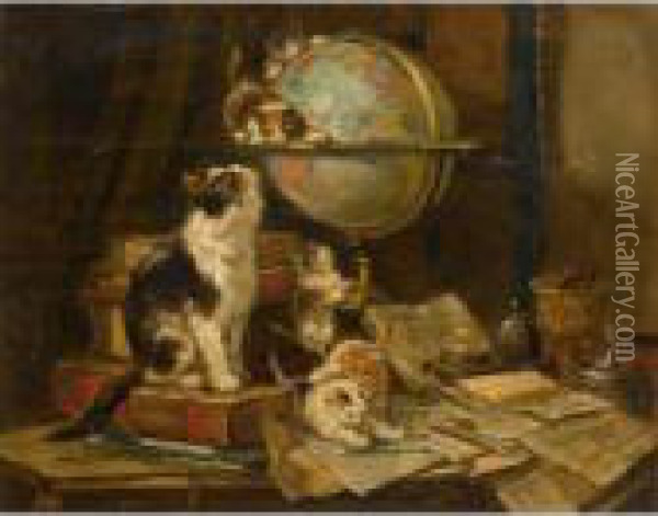 Playful Kittens In A Study Oil Painting - Henriette Ronner-Knip