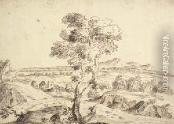 An Extensive Landscape With A Tree In The Foreground Oil Painting - Domenico Bernardo Zilotti