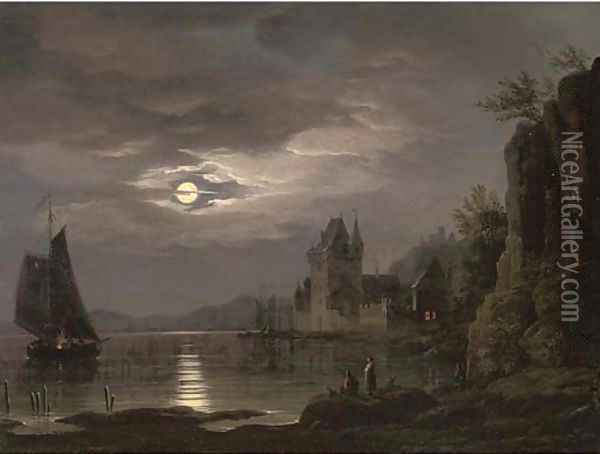 A moonlit river landscape with figures on the shore, shipping beyond Oil Painting - Louis Johann Ludwig Catoir