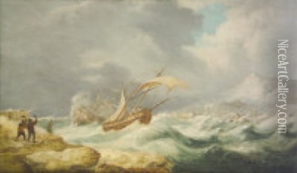 Shipping In Stormy Seas With Distant Port And Mountain Oil Painting - William Sadler the Younger