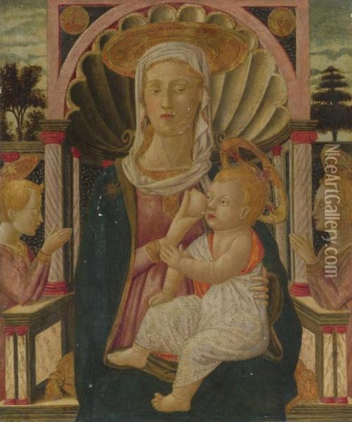 Madonna And Child Enthroned With Two Angels Oil Painting - Giovanni di ser Giovanni Guidi (see Scheggia)