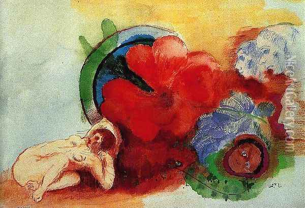 Nude Begonia And Heads Oil Painting - Odilon Redon