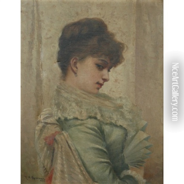 Woman With Fan Oil Painting - Herman N. Hyneman