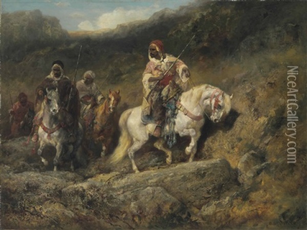 Arab Horsemen In A Mountainous Landscape Oil Painting - Adolf Schreyer