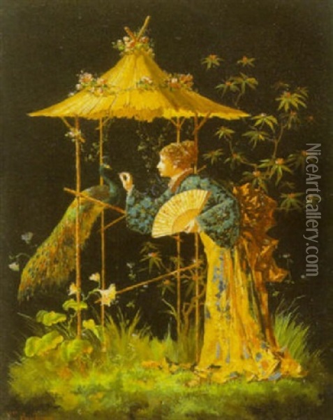Sceneri Med Pafugl Og Kvinde Med Vifte Oil Painting - Frederic Anatole Houbron