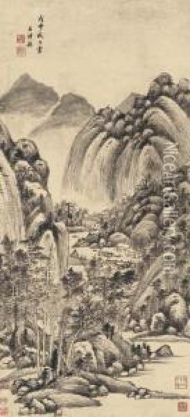 Cottages On Mount Fu Chun Oil Painting - Wang Shimin