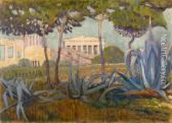 Acropolis / Acropole Vue Entre Des Pins Et Aloes Oil Painting - Konstantinos Maleas