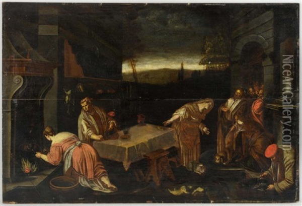 Scene With Figures Around A Table Oil Painting - Jacopo dal Ponte Bassano