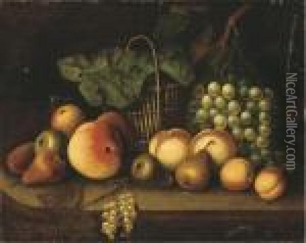 Grapes On The Vine, Pears, Peaches, A Wicker Basket And Other Fruiton A Ledge Oil Painting - Tobias Stranover