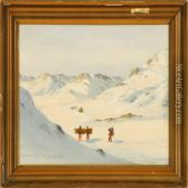 A View From Greenland With A Dog Sledge And Women On Foot Oil Painting - Emanuel A. Petersen