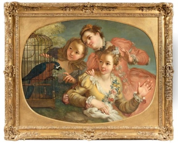Trois Jeunes Filles Au Perroquet Oil Painting - Jean Raoux