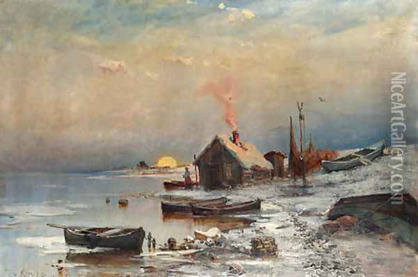 Fisherman's Cottage at Sunset Oil Painting - Iulii Iul'evich (Julius) Klever